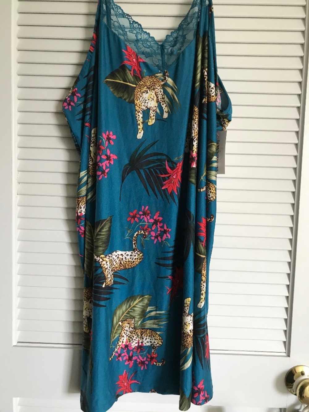 New wild Leopard print slip dress lingerie Teal lace trim 3X